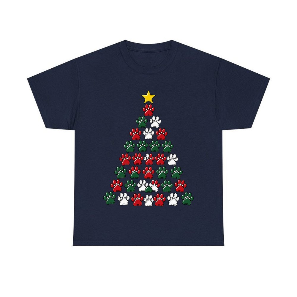 Paw Print Christmas Tree personalised Christmas T-shirt in navy