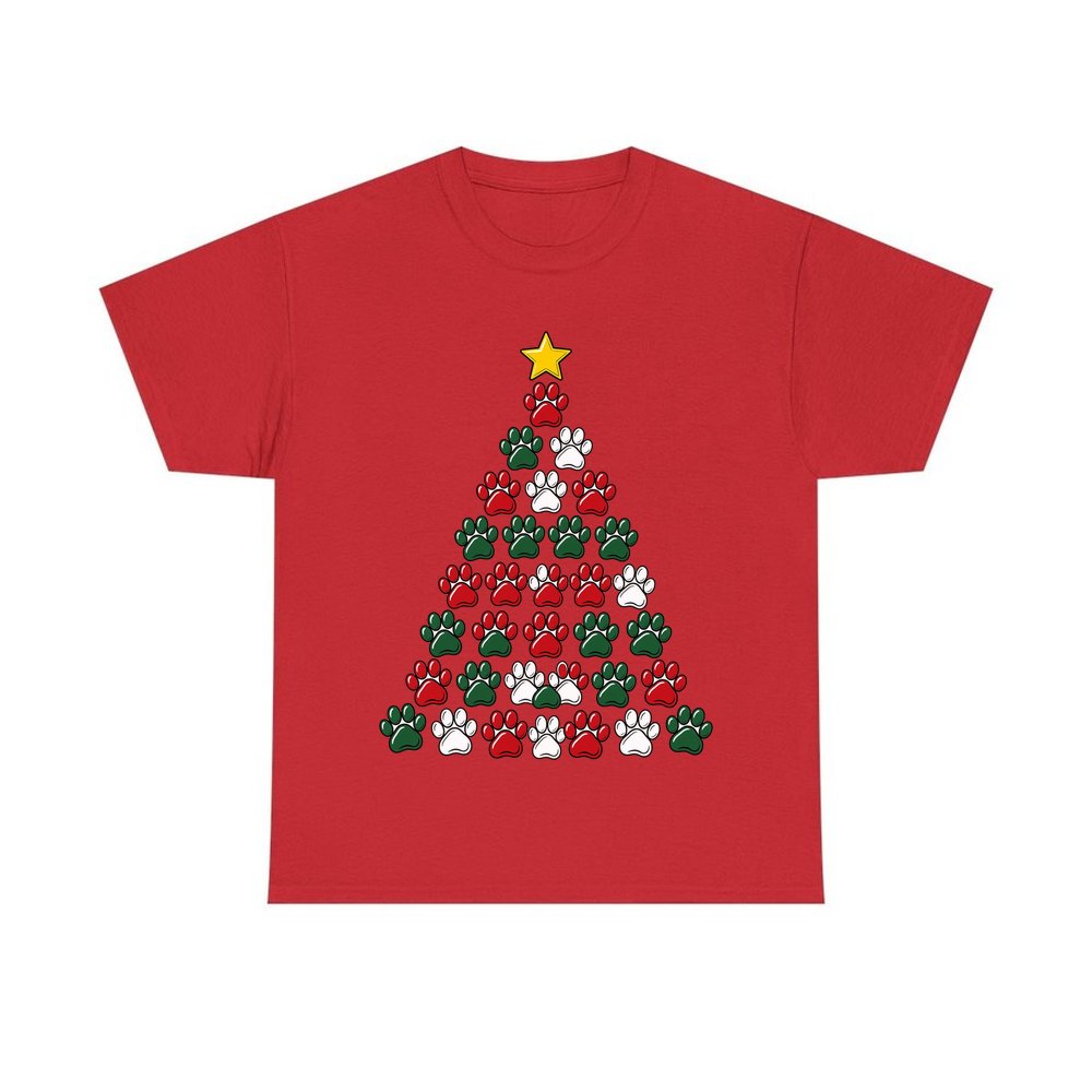 Paw Print Christmas Tree personalised Christmas T-shirt in red