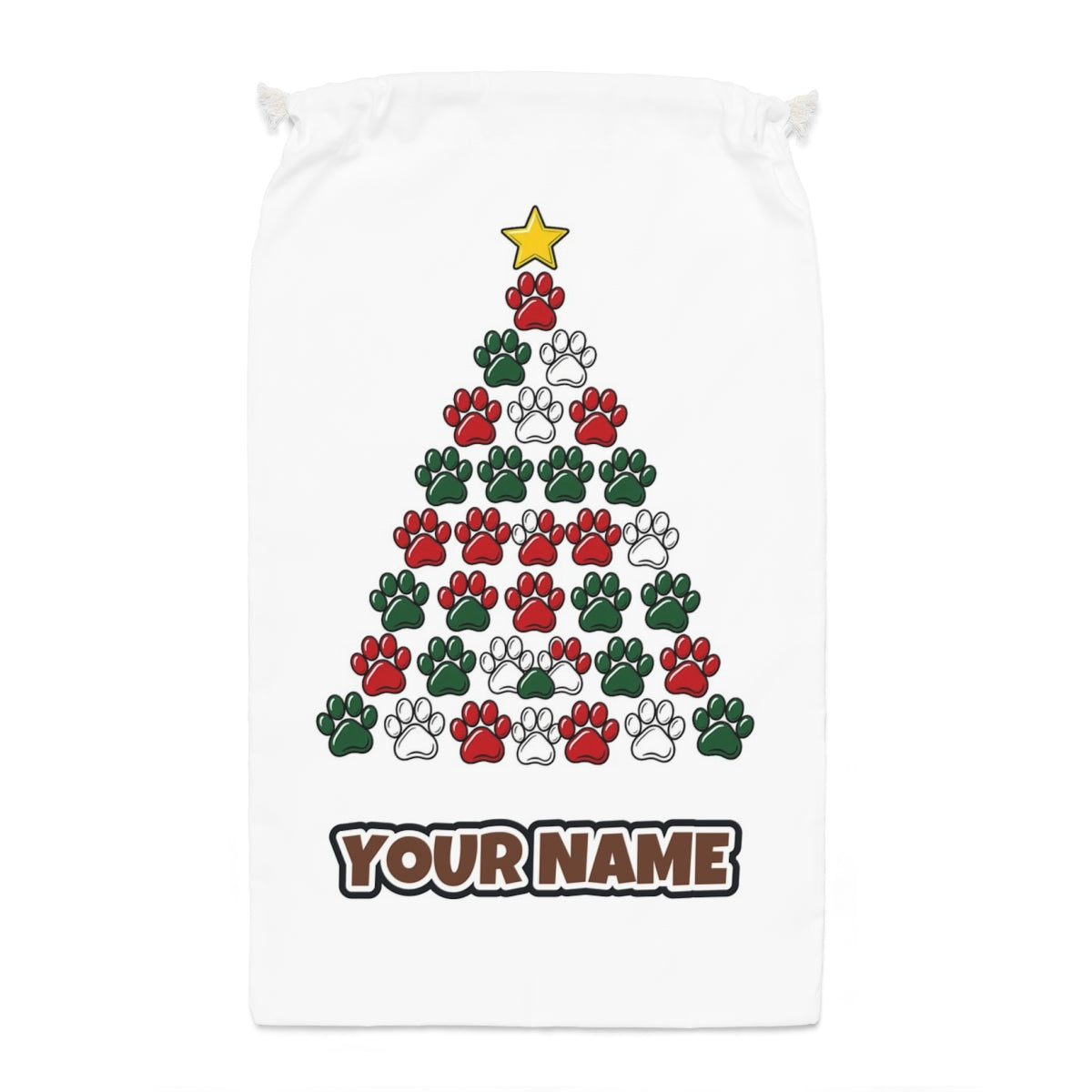 Paw Print Christmas Tree Santa sack laid flat, showing the full print