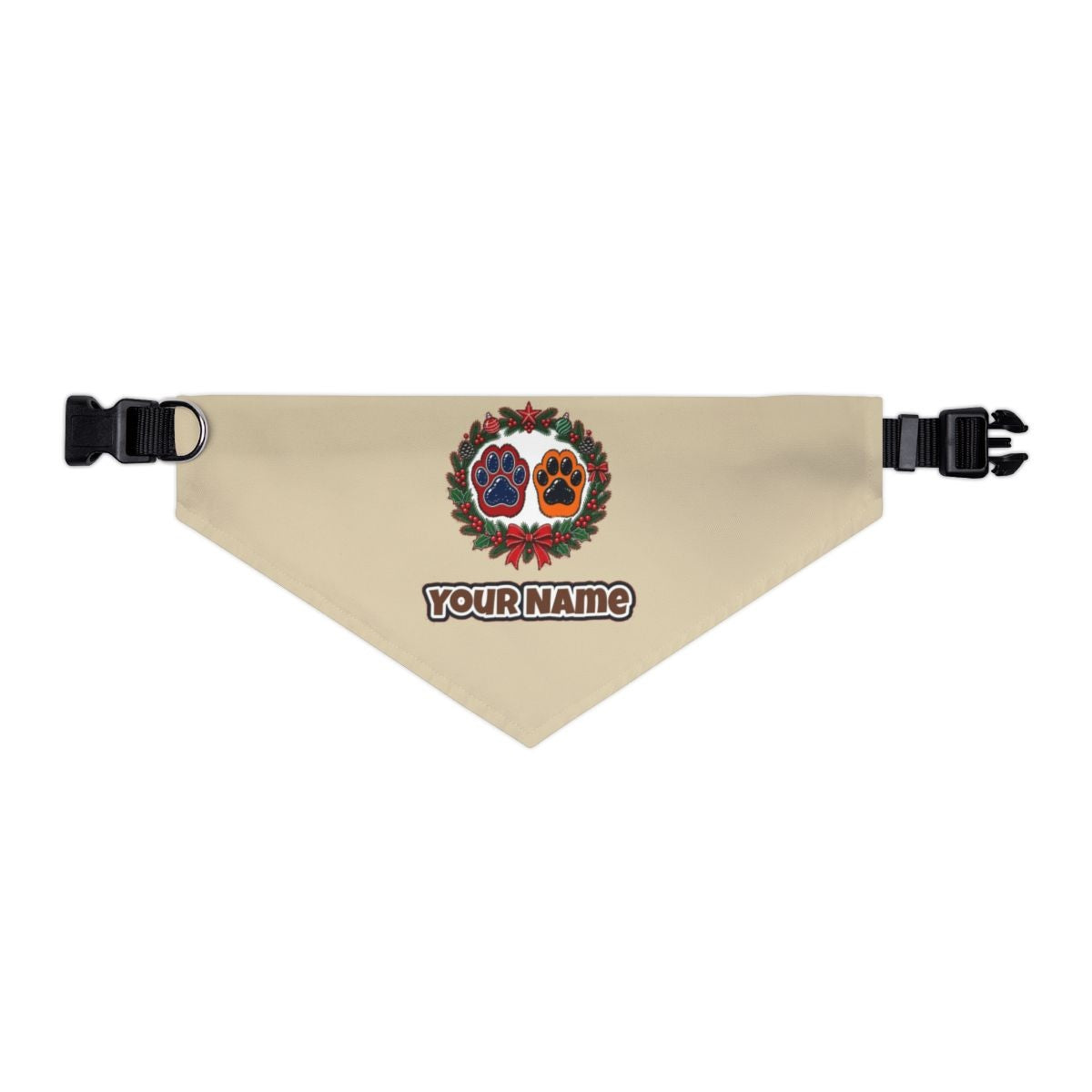 Paw Prints Christmas Wreath personalised Christmas pet bandana in beige, collar with buckle