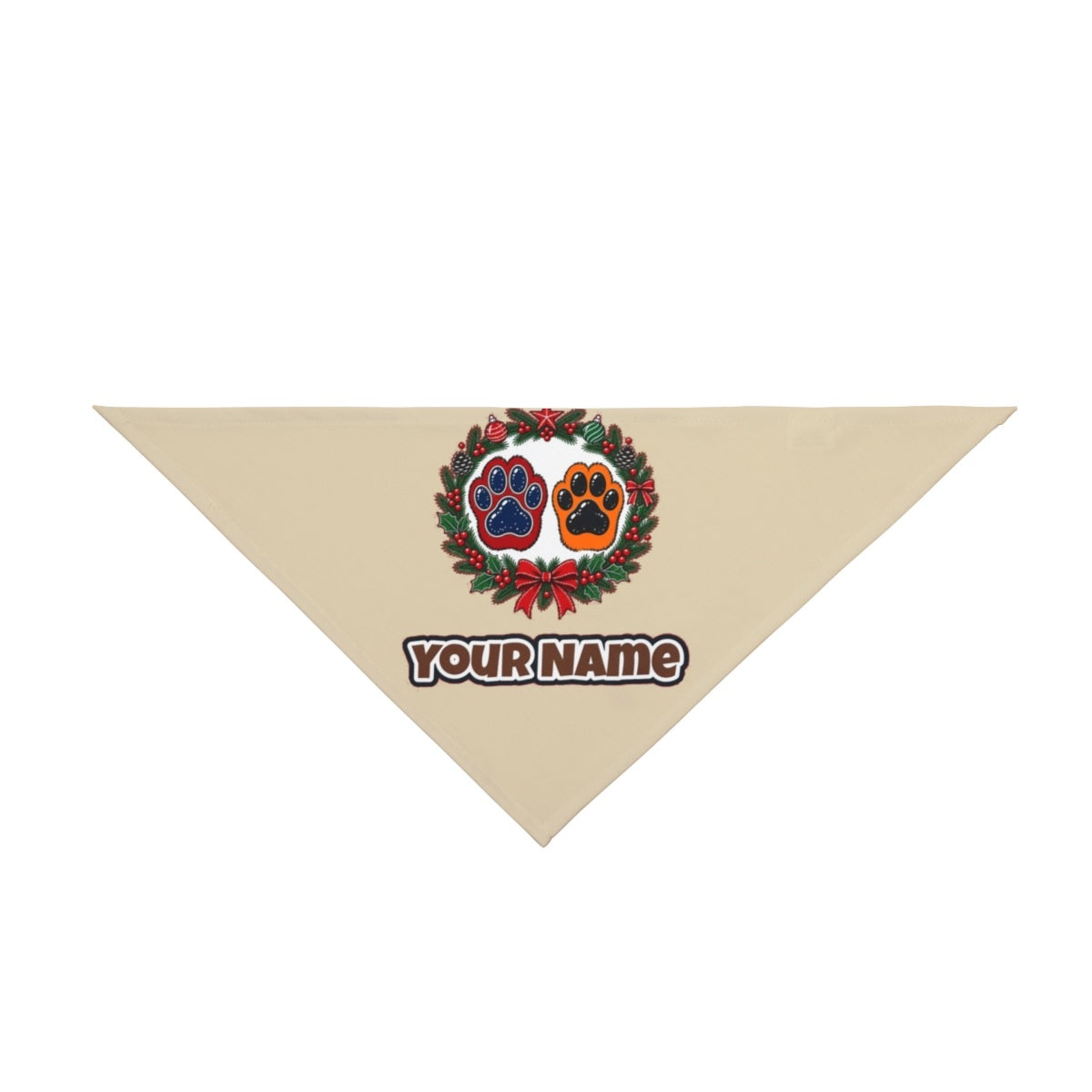 Paw Prints Christmas Wreath personalised Christmas pet bandana in beige, tie-on style