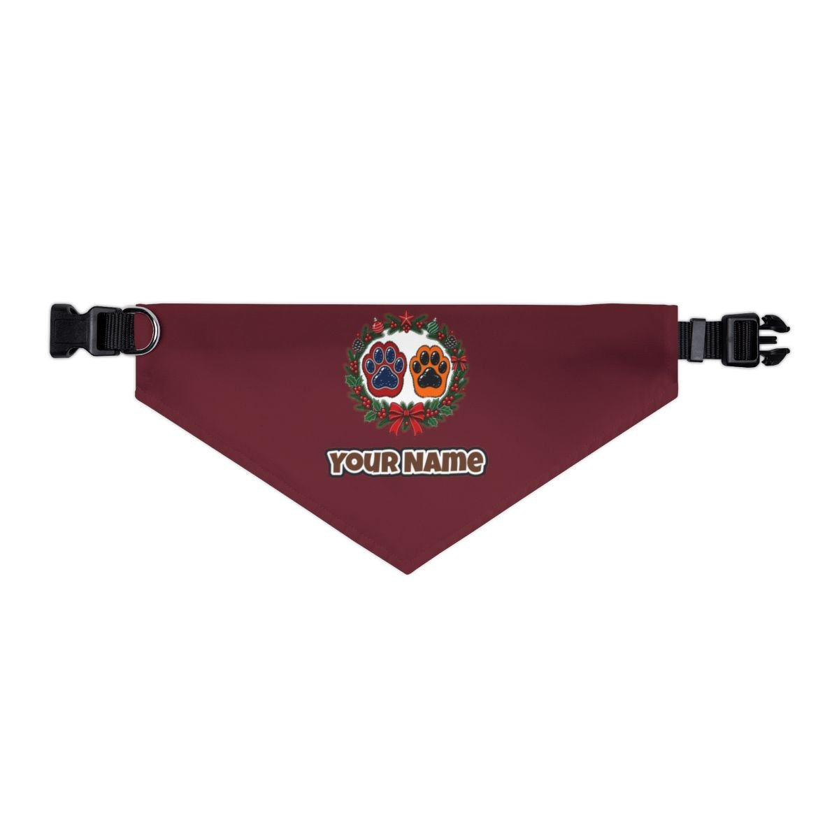 Paw Prints Christmas Wreath personalised Christmas pet bandana in maroon, collar with buckle