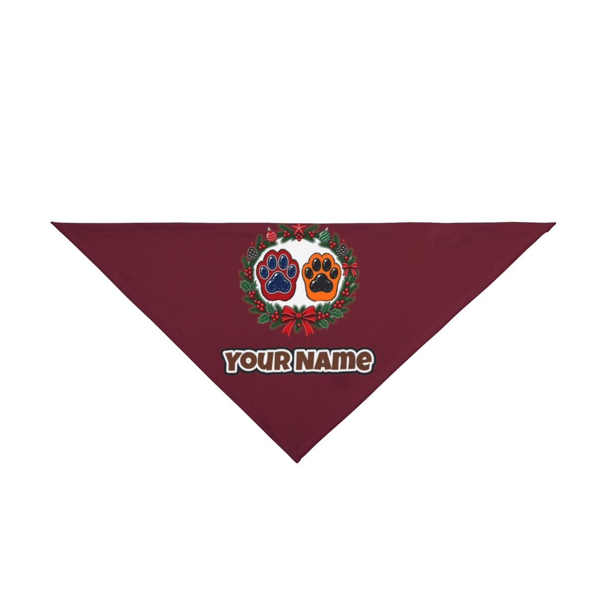 Paw Prints Christmas Wreath personalised Christmas pet bandana in maroon, tie-on style