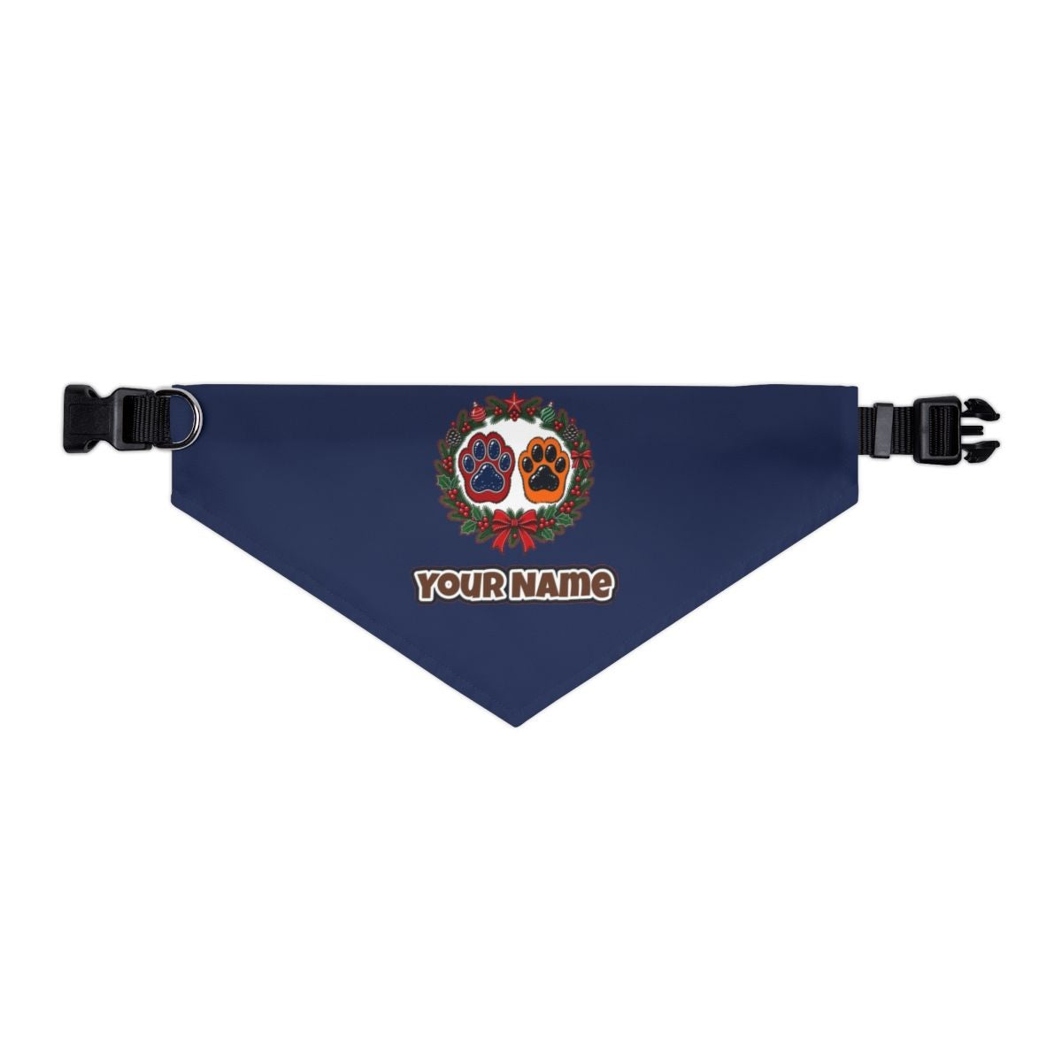 Paw Prints Christmas Wreath personalised Christmas pet bandana in navy, collar with buckle
