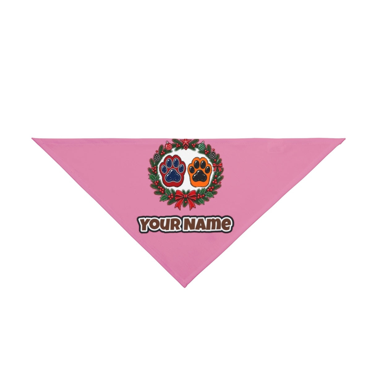 Paw Prints Christmas Wreath personalised Christmas pet bandana in pink, tie-on style