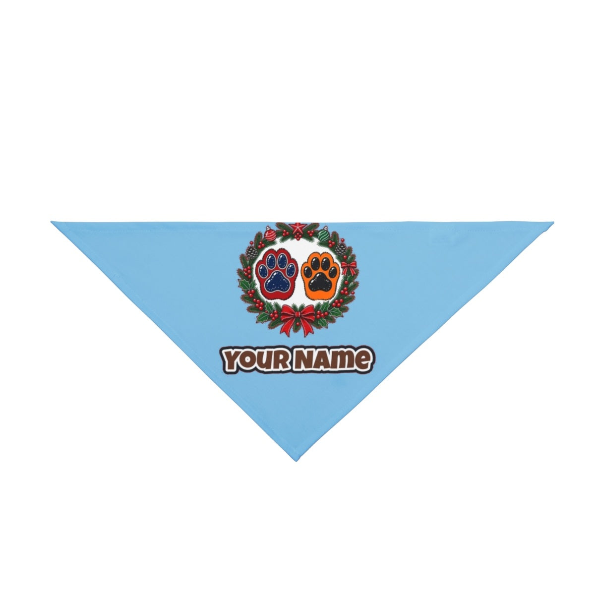 Paw Prints Christmas Wreath personalised Christmas pet bandana in sky blue, tie-on style