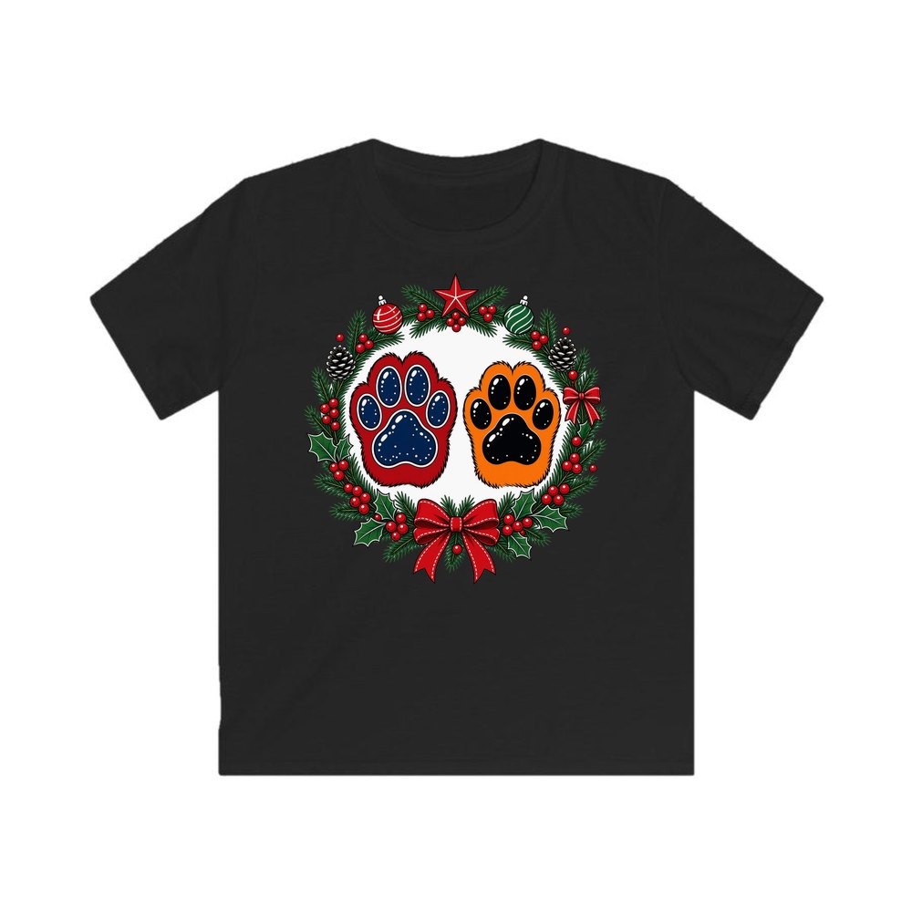 Paw Prints Christmas Wreath personalised kids Christmas tee in black