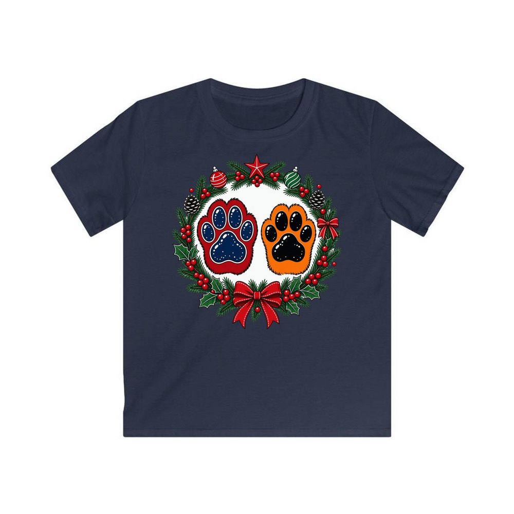 Paw Prints Christmas Wreath personalised kids Christmas tee in navy