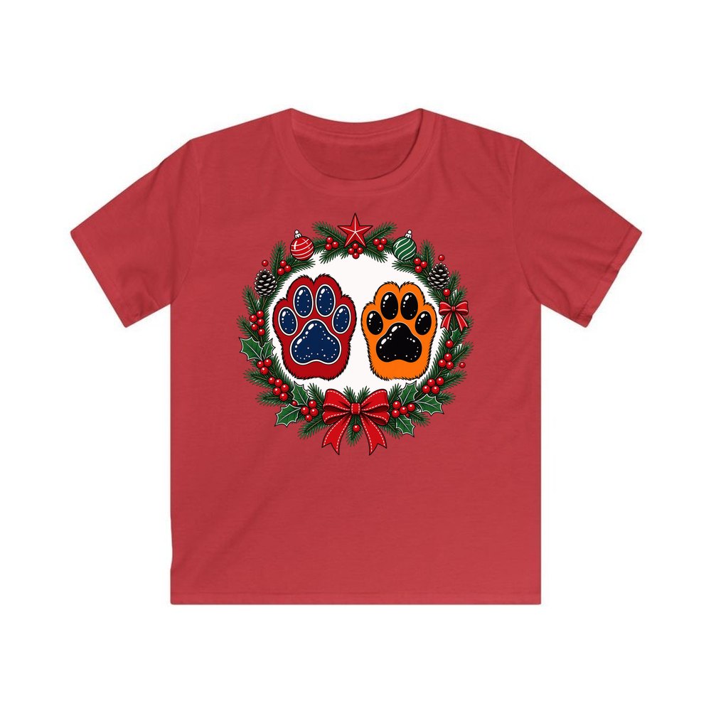 Paw Prints Christmas Wreath personalised kids Christmas tee in red