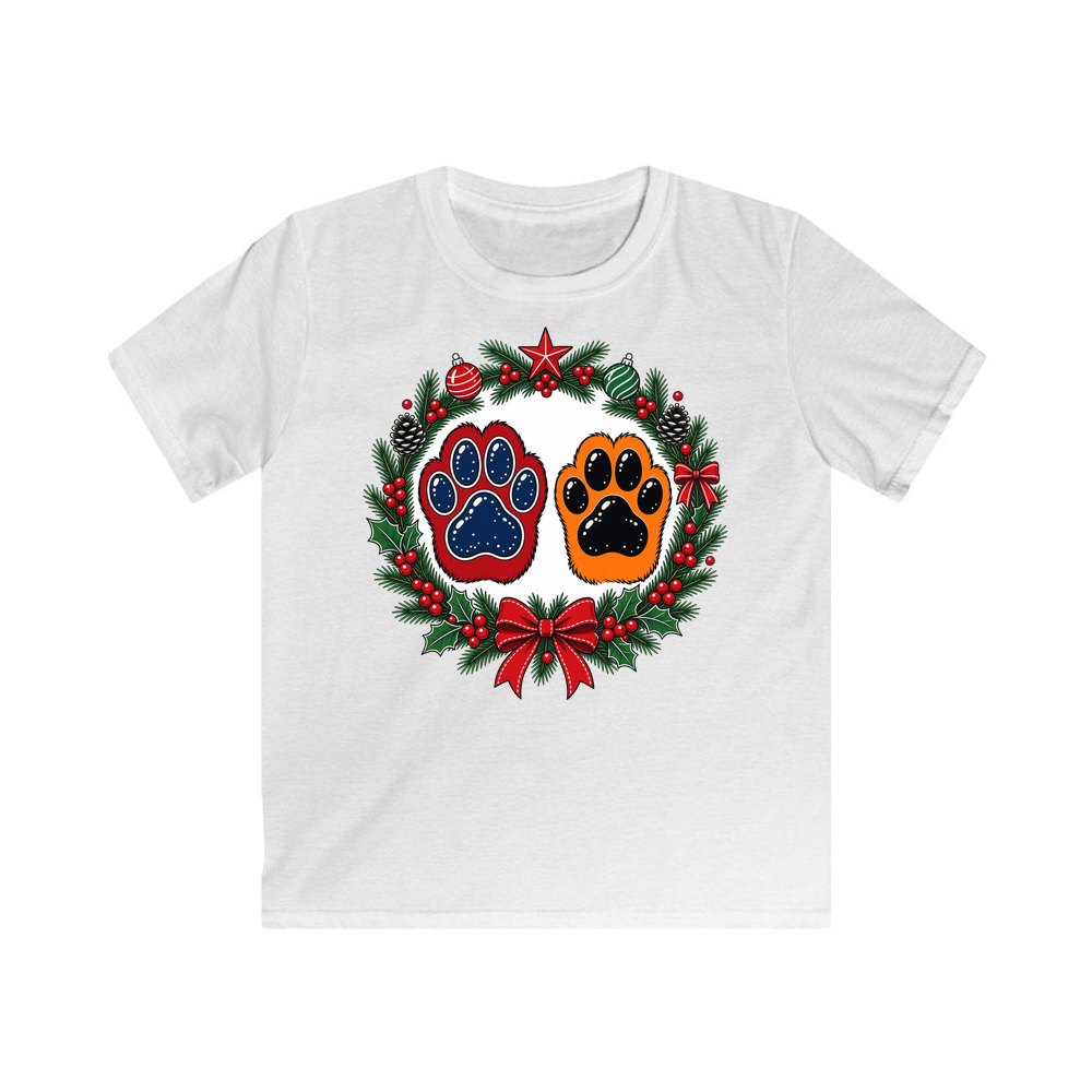 Paw Prints Christmas Wreath personalised kids Christmas tee in white