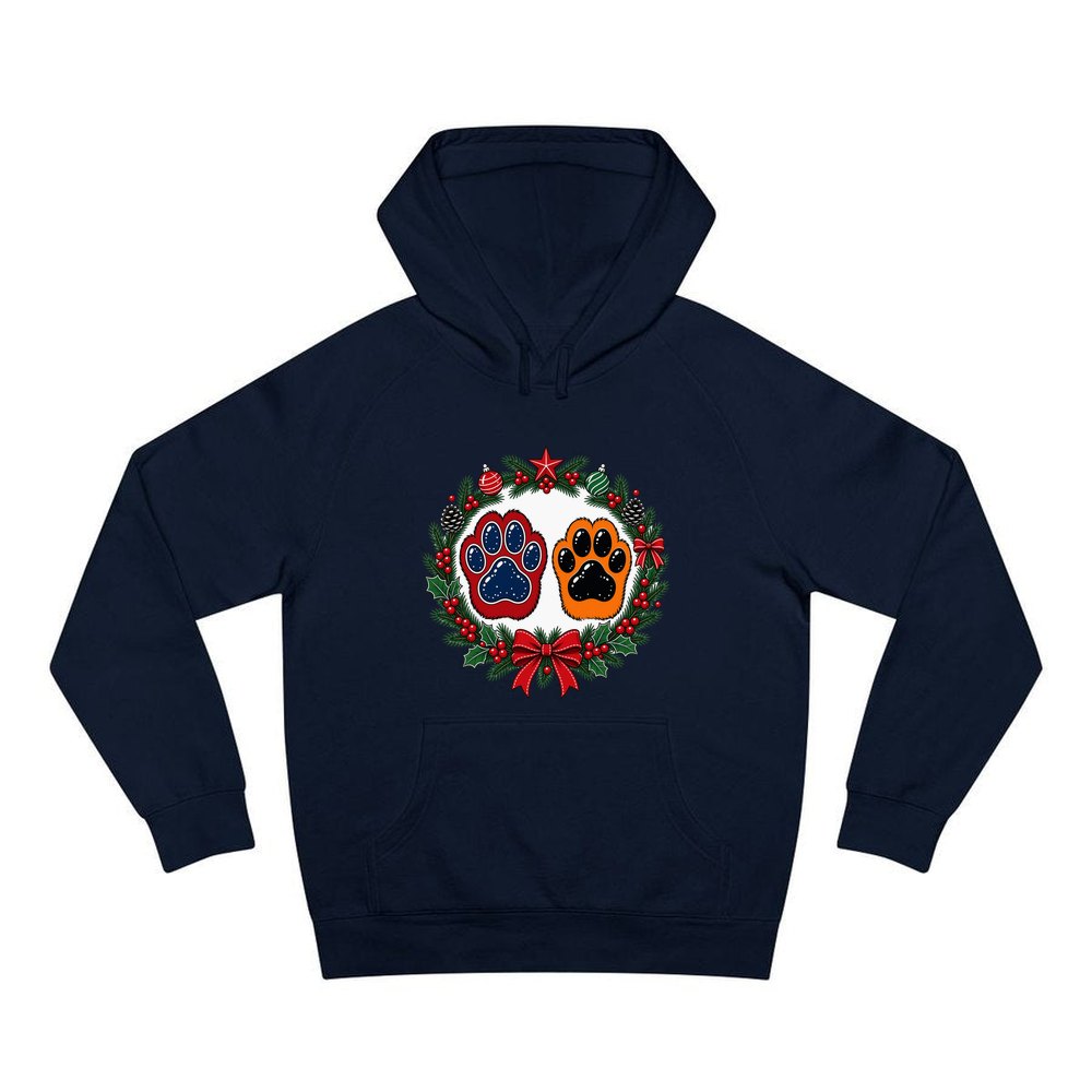Paw Prints Christmas Wreath personalised Christmas hoodie in navy