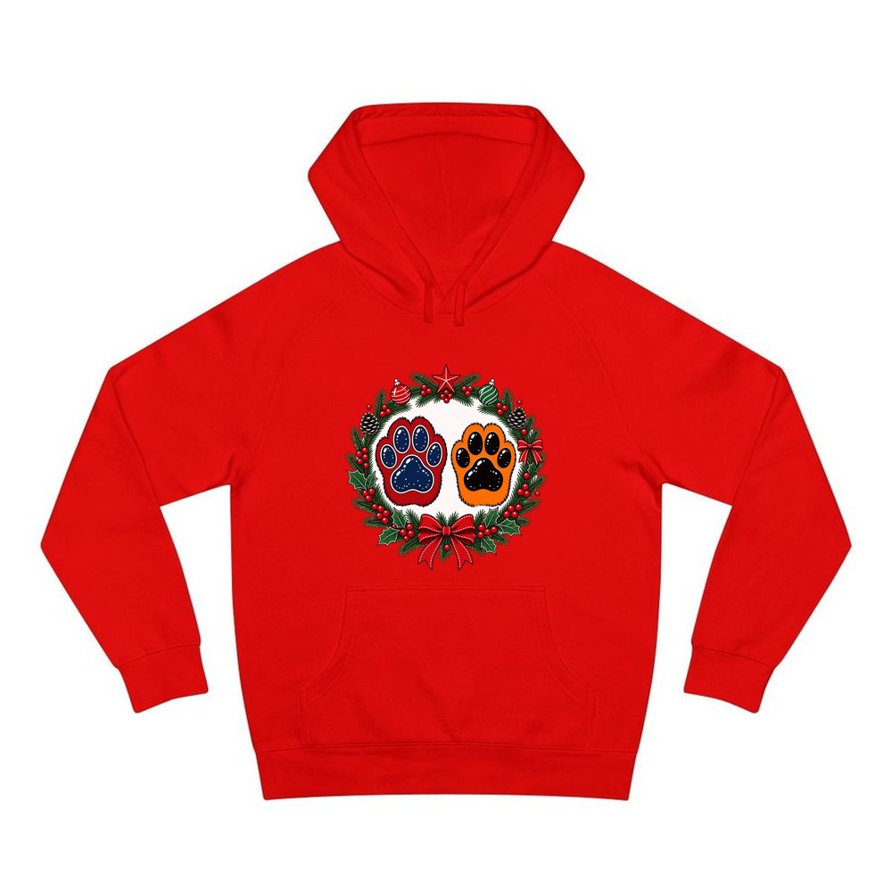 Paw Prints Christmas Wreath personalised Christmas hoodie in red