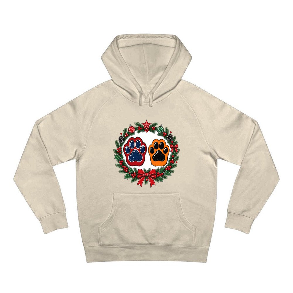 Paw Prints Christmas Wreath personalised Christmas hoodie in sand