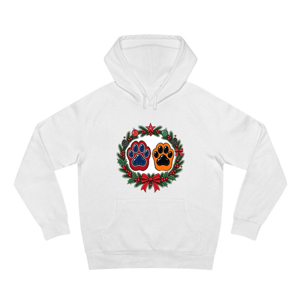 Paw Prints Christmas Wreath personalised Christmas hoodie in white