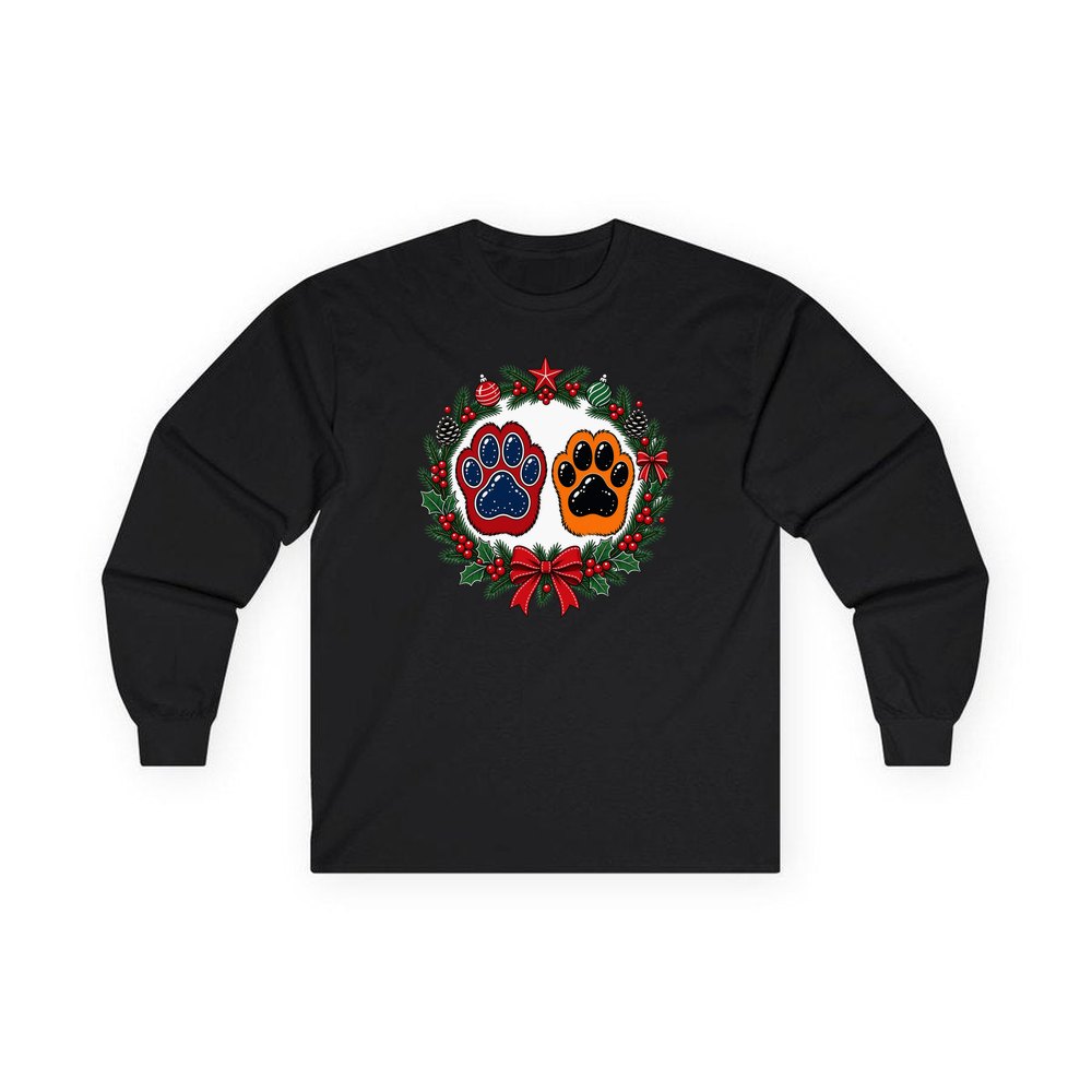 Paw Prints Christmas Wreath personalised long sleeve Christmas T-shirt in black