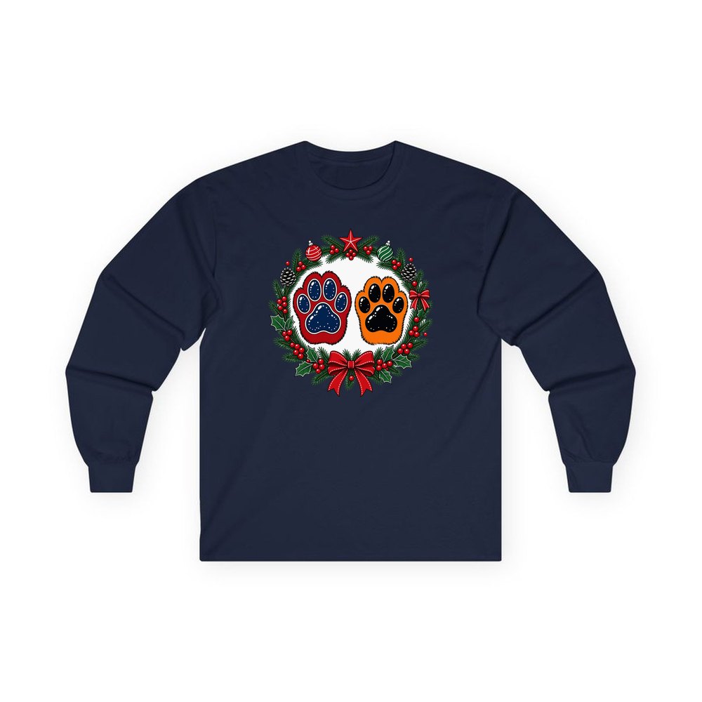 Paw Prints Christmas Wreath personalised long sleeve Christmas T-shirt in navy