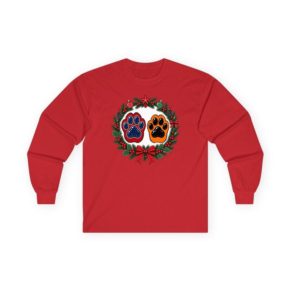 Paw Prints Christmas Wreath personalised long sleeve Christmas T-shirt in red