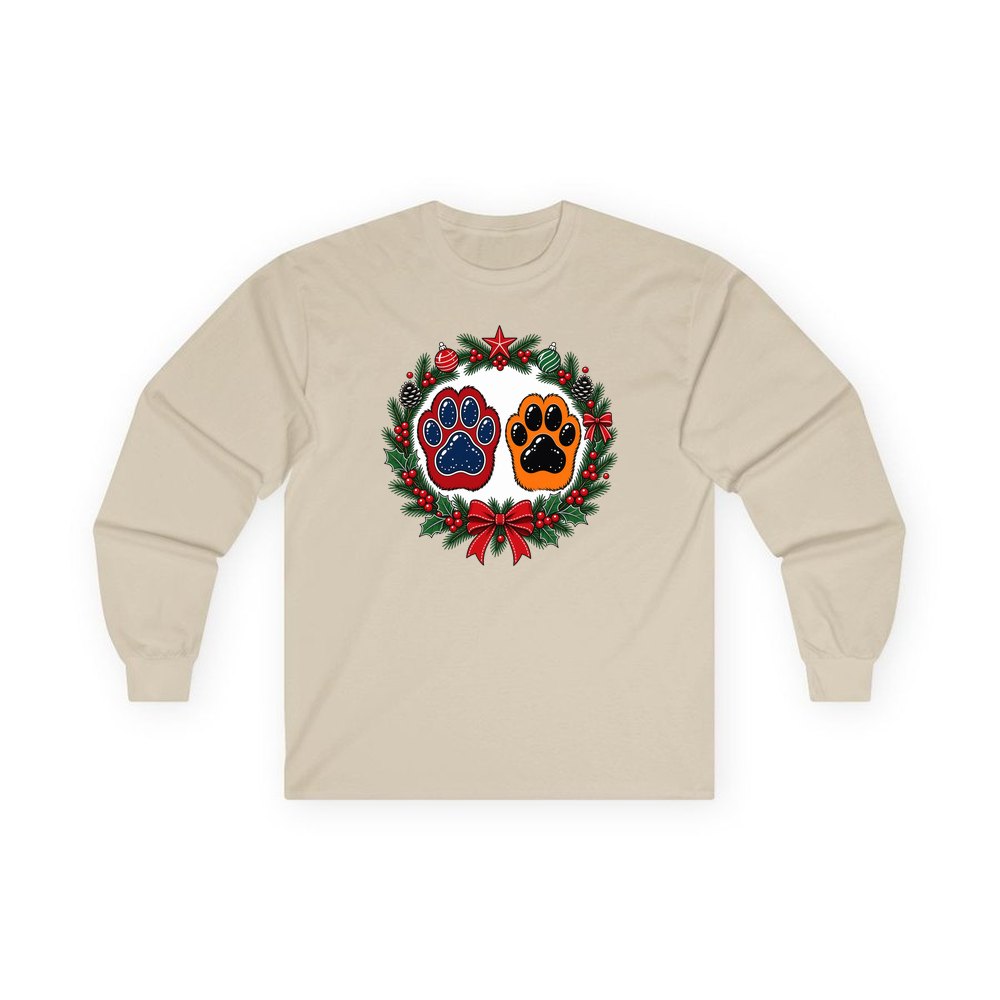Paw Prints Christmas Wreath personalised long sleeve Christmas T-shirt in sand