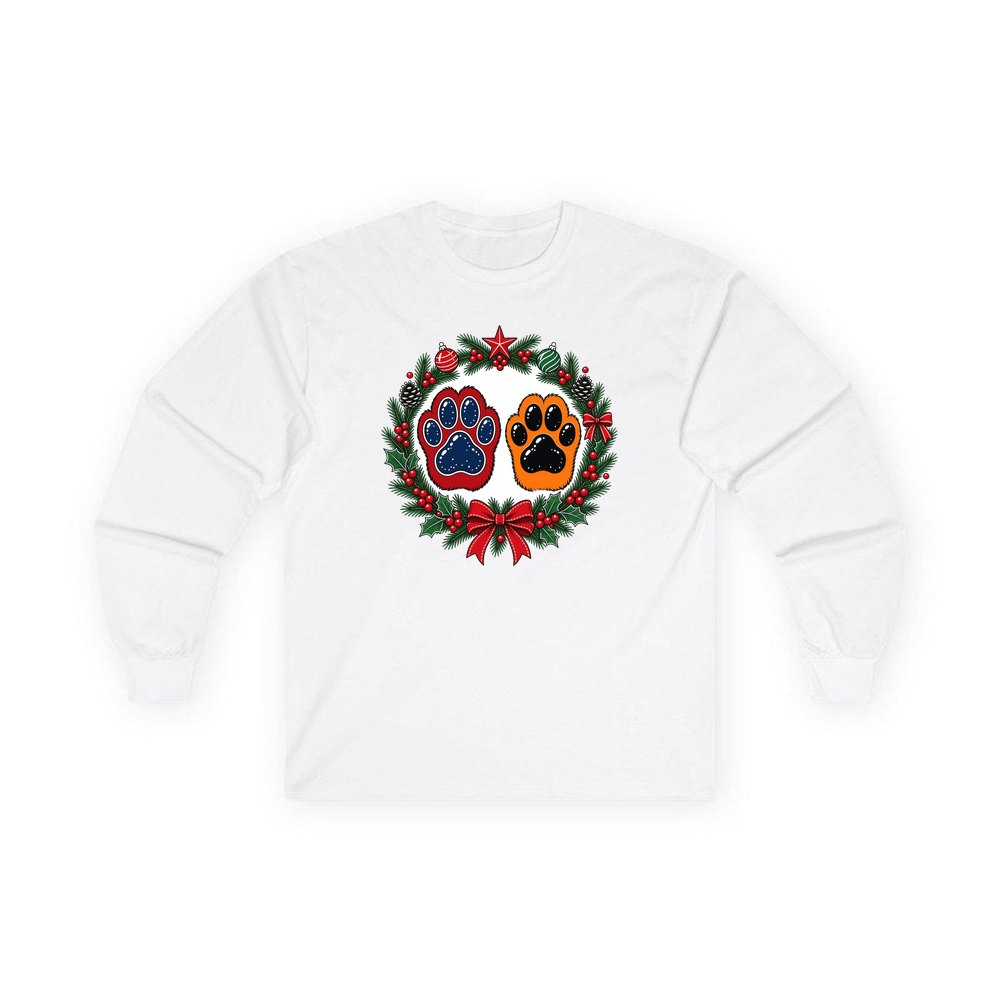 Paw Prints Christmas Wreath personalised long sleeve Christmas T-shirt in white