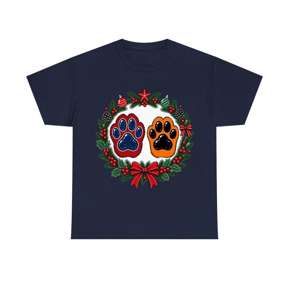 Paw Prints Christmas Wreath personalised Christmas T-shirt in navy