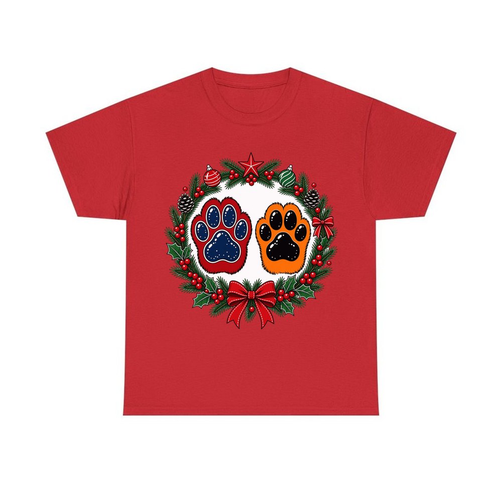 Paw Prints Christmas Wreath personalised Christmas T-shirt in red