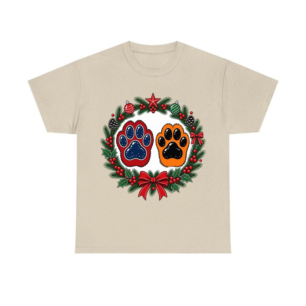 Paw Prints Christmas Wreath personalised Christmas T-shirt in sand