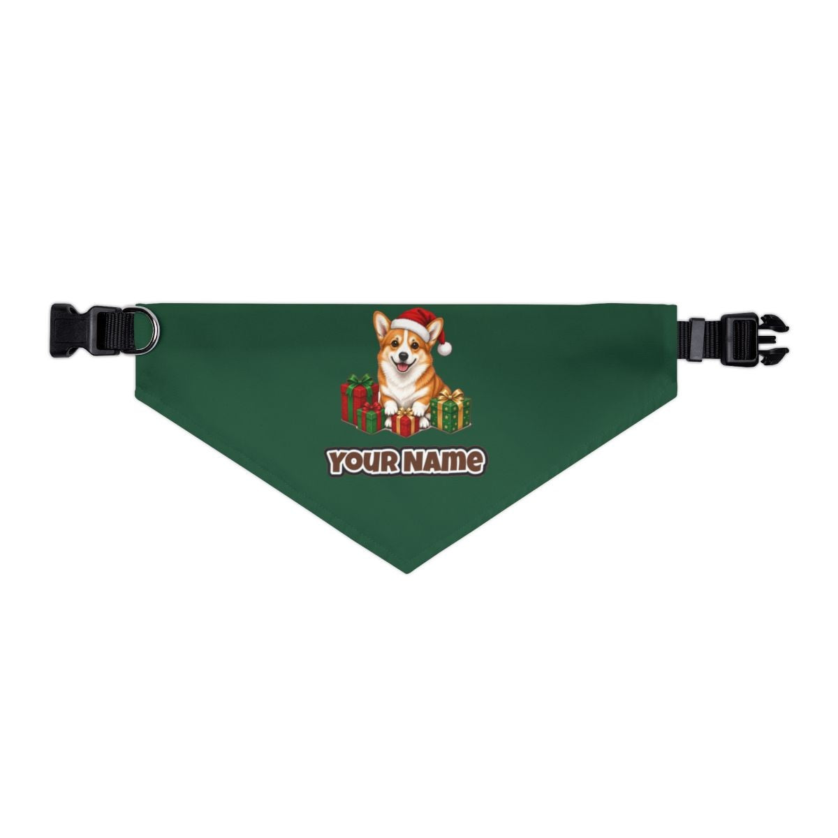 Pembroke Welsh Corgi personalised Christmas pet bandana in green, collar with buckle