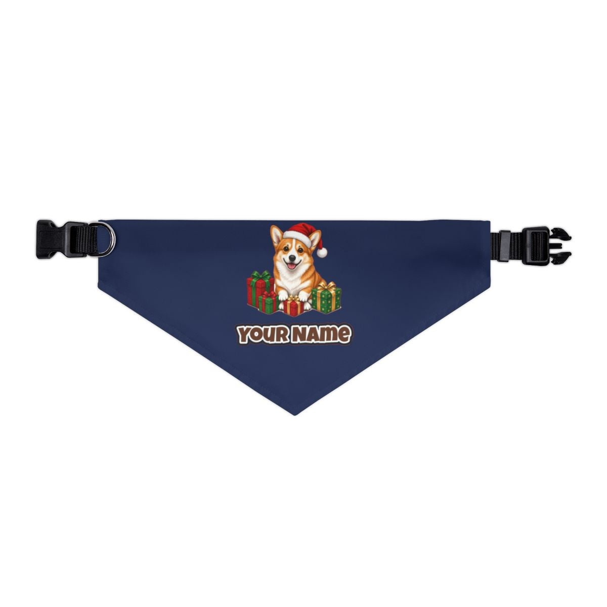 Pembroke Welsh Corgi personalised Christmas pet bandana in navy, collar with buckle