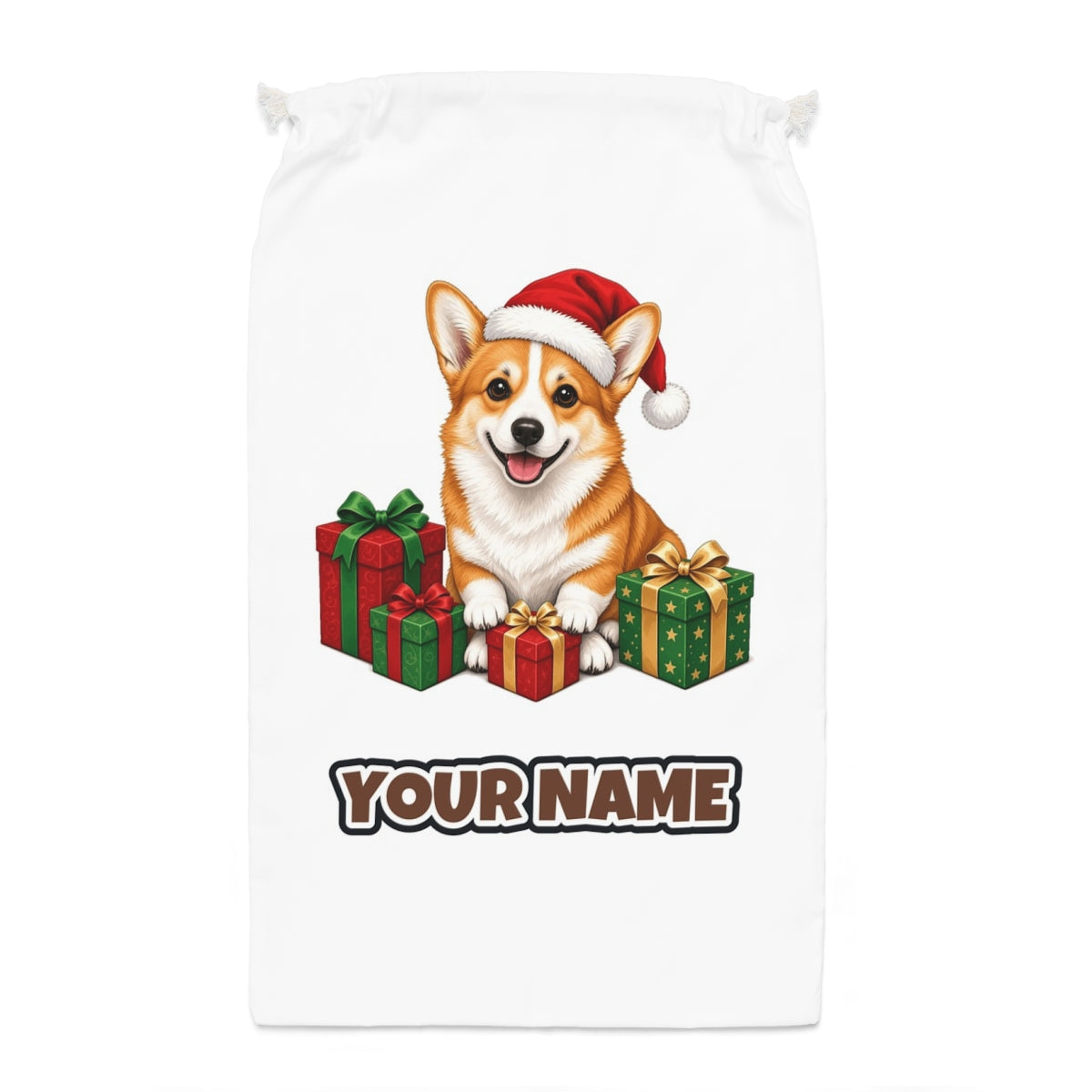 Pembroke Welsh Corgi Santa sack laid flat, showing the full print