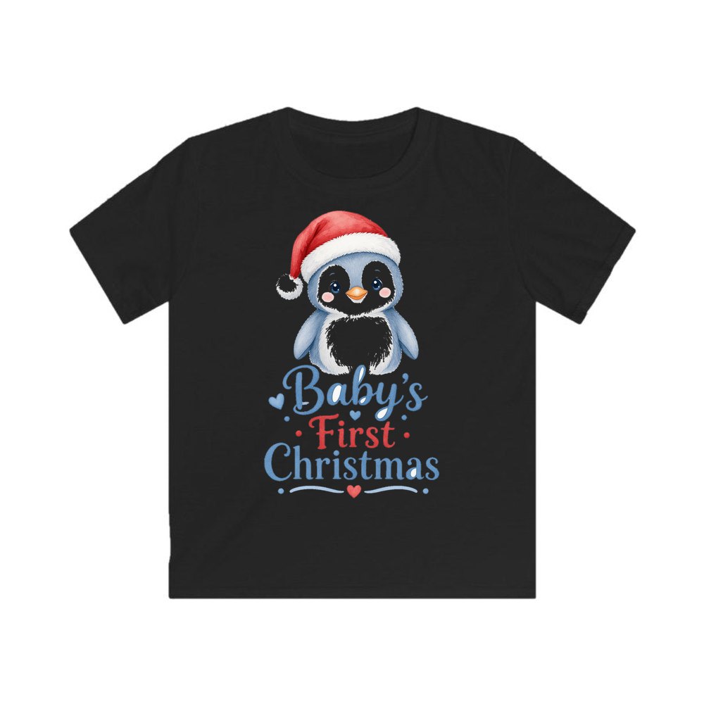 Penguin Baby's First Christmas personalised kids Christmas tee in black