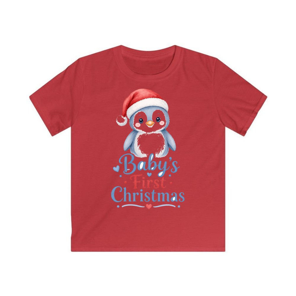 Penguin Baby's First Christmas personalised kids Christmas tee in red