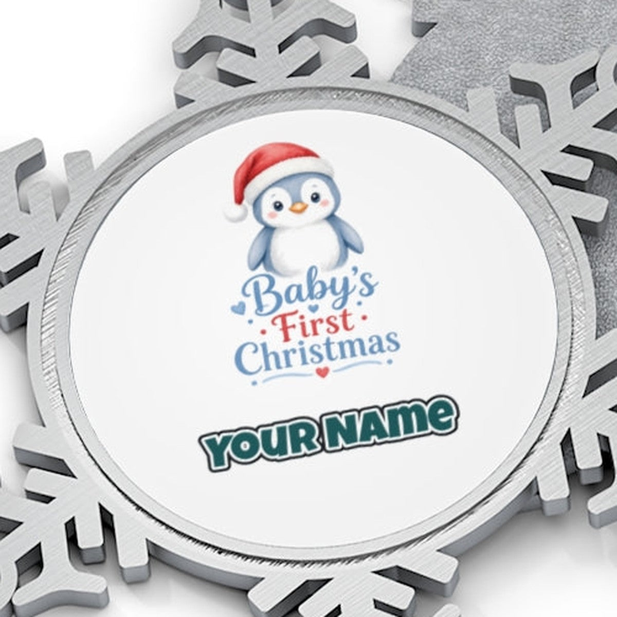 Penguin Baby's First Christmas Personalised Pewter Christmas Ornament