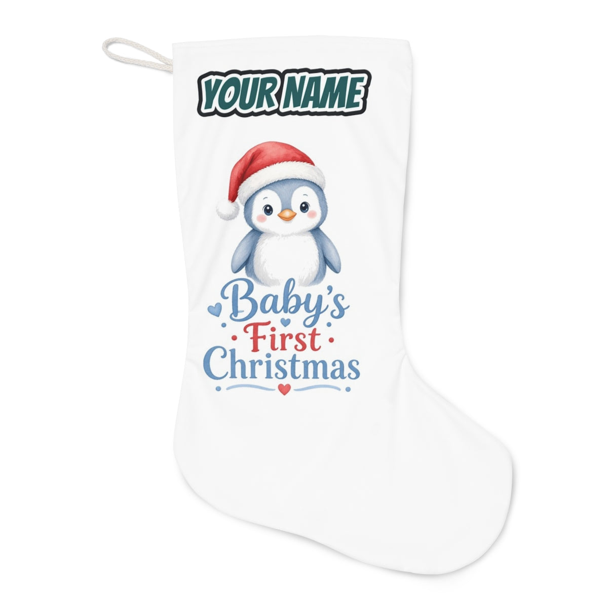 Penguin Baby's First Christmas Christmas stocking laid flat, showing the full print