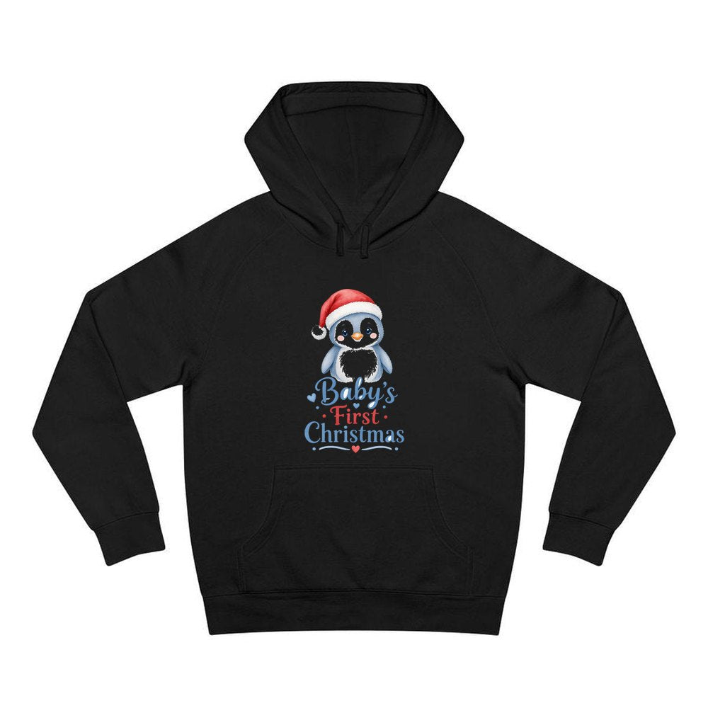 Penguin Baby's First Christmas personalised Christmas hoodie in black