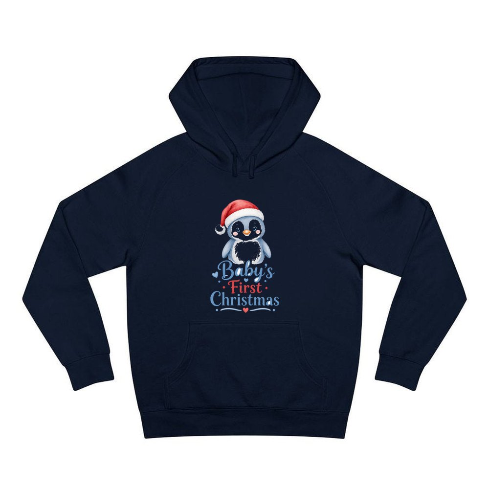 Penguin Baby's First Christmas personalised Christmas hoodie in navy