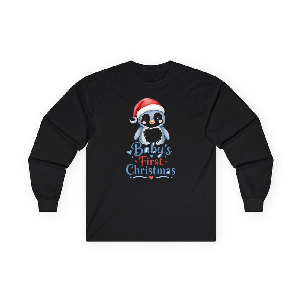 Penguin Baby's First Christmas personalised long sleeve Christmas T-shirt in black