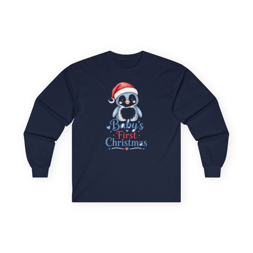 Penguin Baby's First Christmas personalised long sleeve Christmas T-shirt in navy