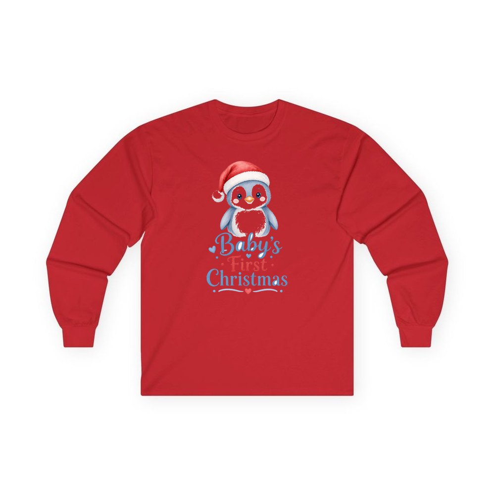 Penguin Baby's First Christmas personalised long sleeve Christmas T-shirt in red
