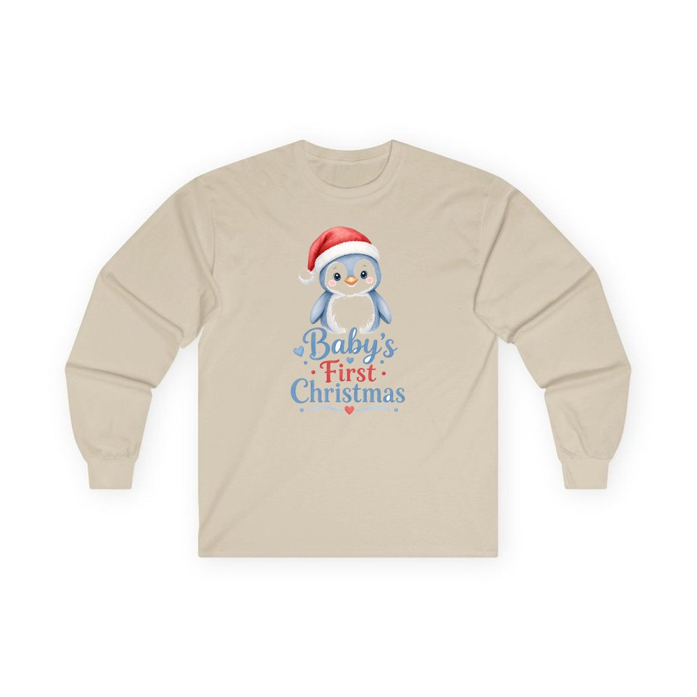 Penguin Baby's First Christmas personalised long sleeve Christmas T-shirt in sand
