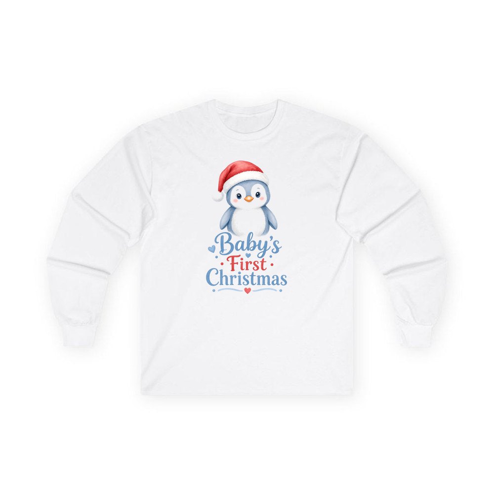 Penguin Baby's First Christmas personalised long sleeve Christmas T-shirt in white