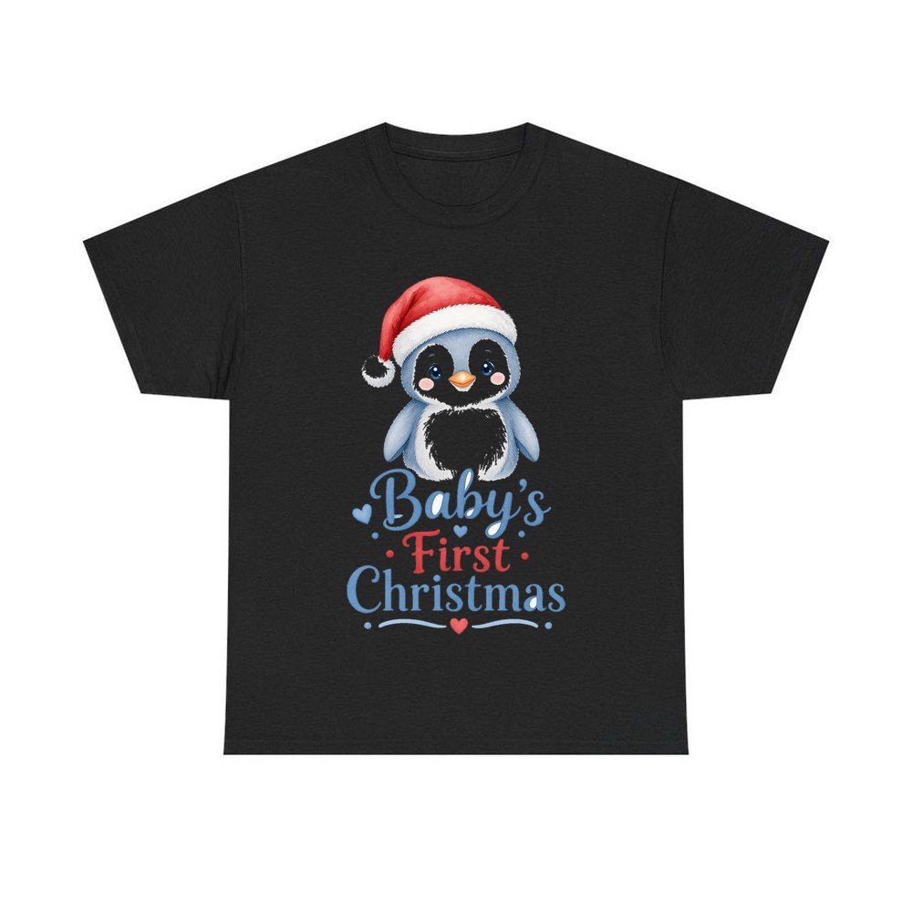 Penguin Baby's First Christmas personalised Christmas T-shirt in black