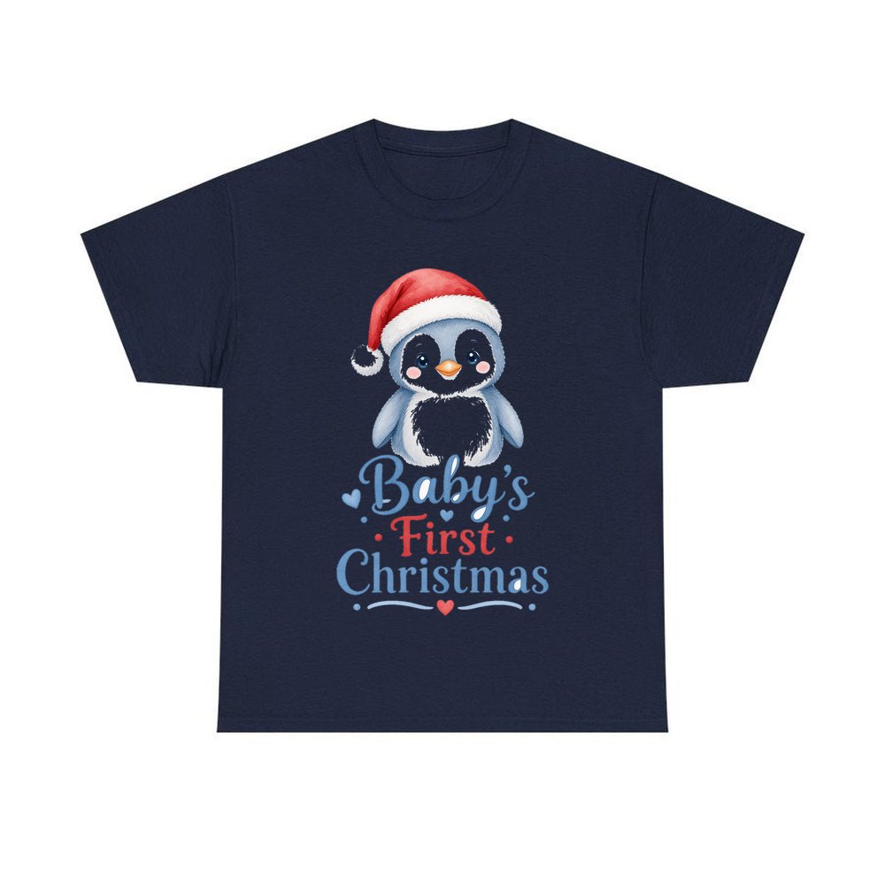 Penguin Baby's First Christmas personalised Christmas T-shirt in navy