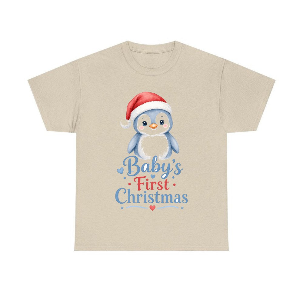 Penguin Baby's First Christmas personalised Christmas T-shirt in sand
