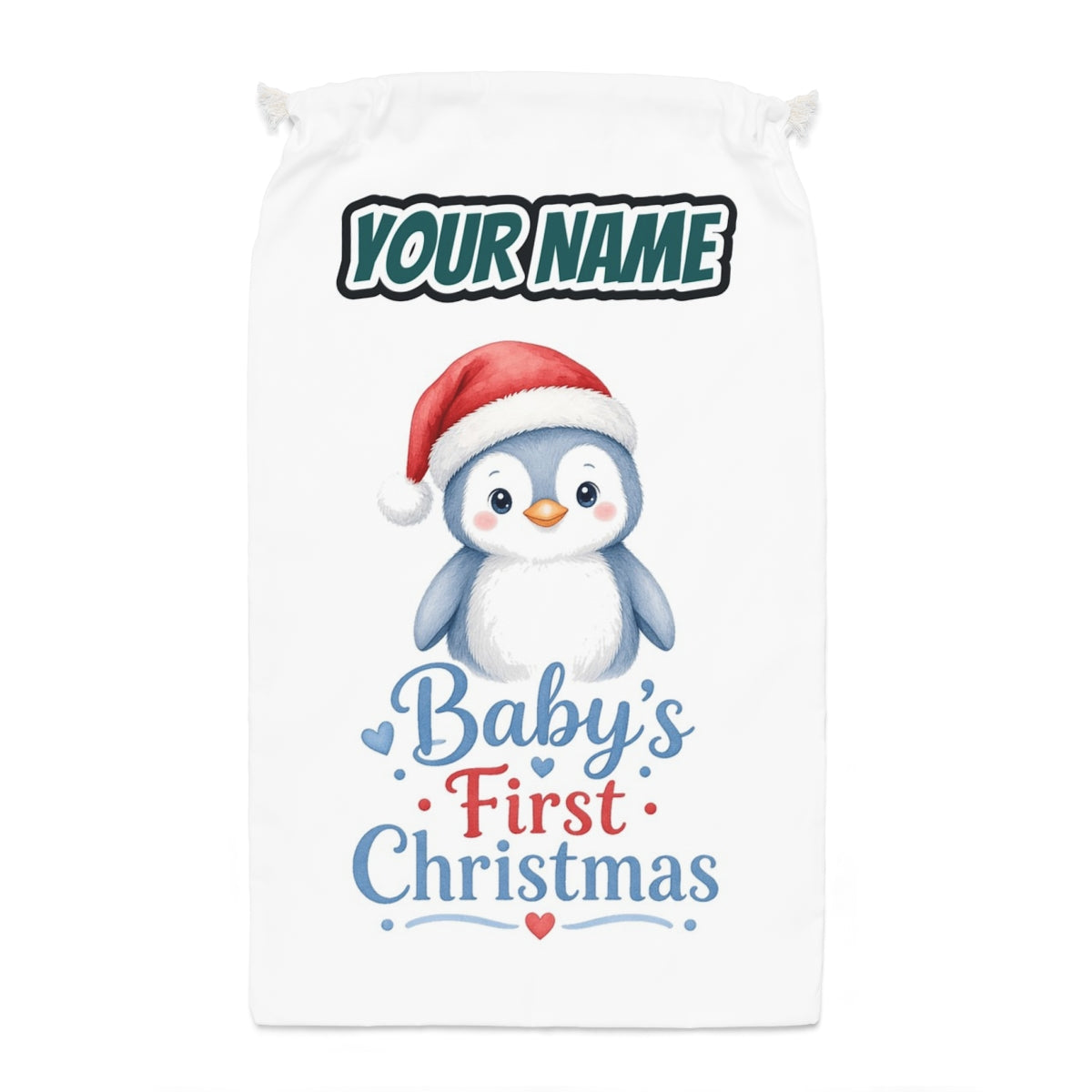 Penguin Baby's First Christmas Santa sack laid flat, showing the full print