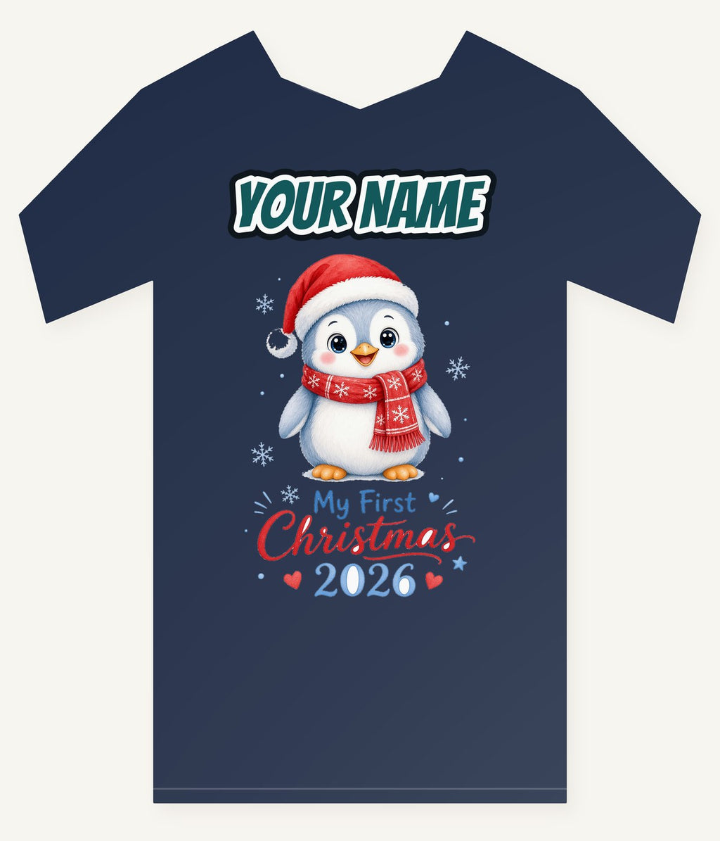 Penguin First Christmas 2026 Personalised Kids and Baby Christmas Tee