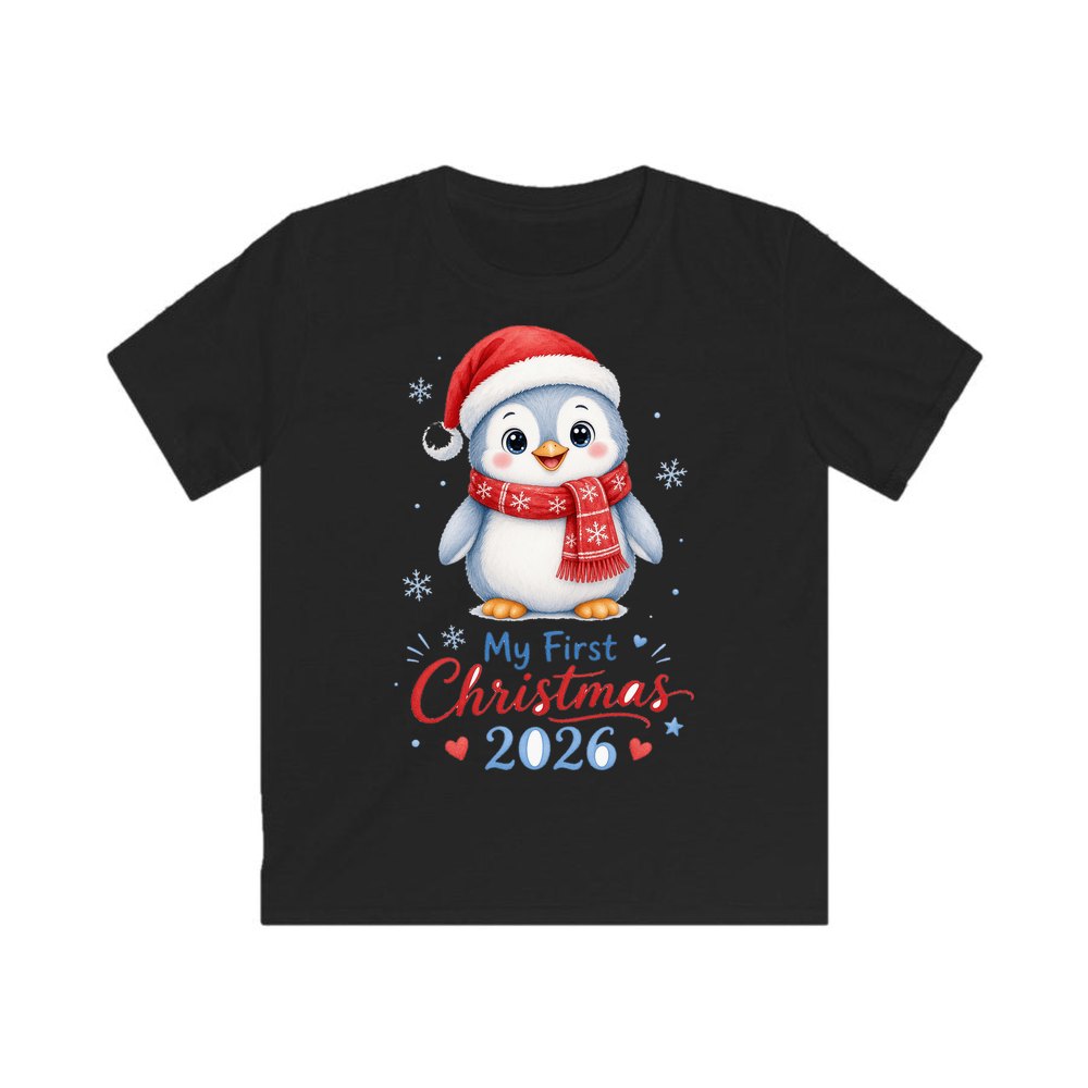 Penguin First Christmas 2026 personalised kids Christmas tee in black
