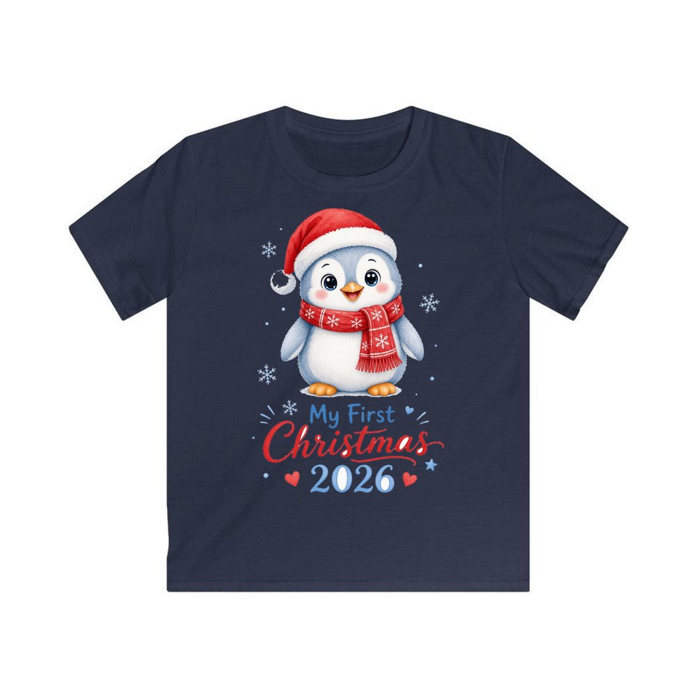 Penguin First Christmas 2026 personalised kids Christmas tee in navy