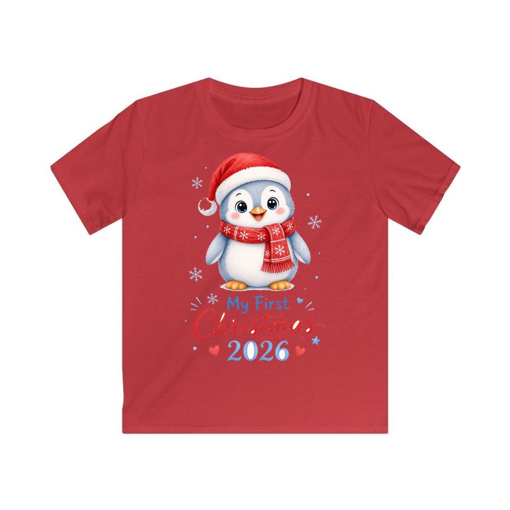 Penguin First Christmas 2026 personalised kids Christmas tee in red