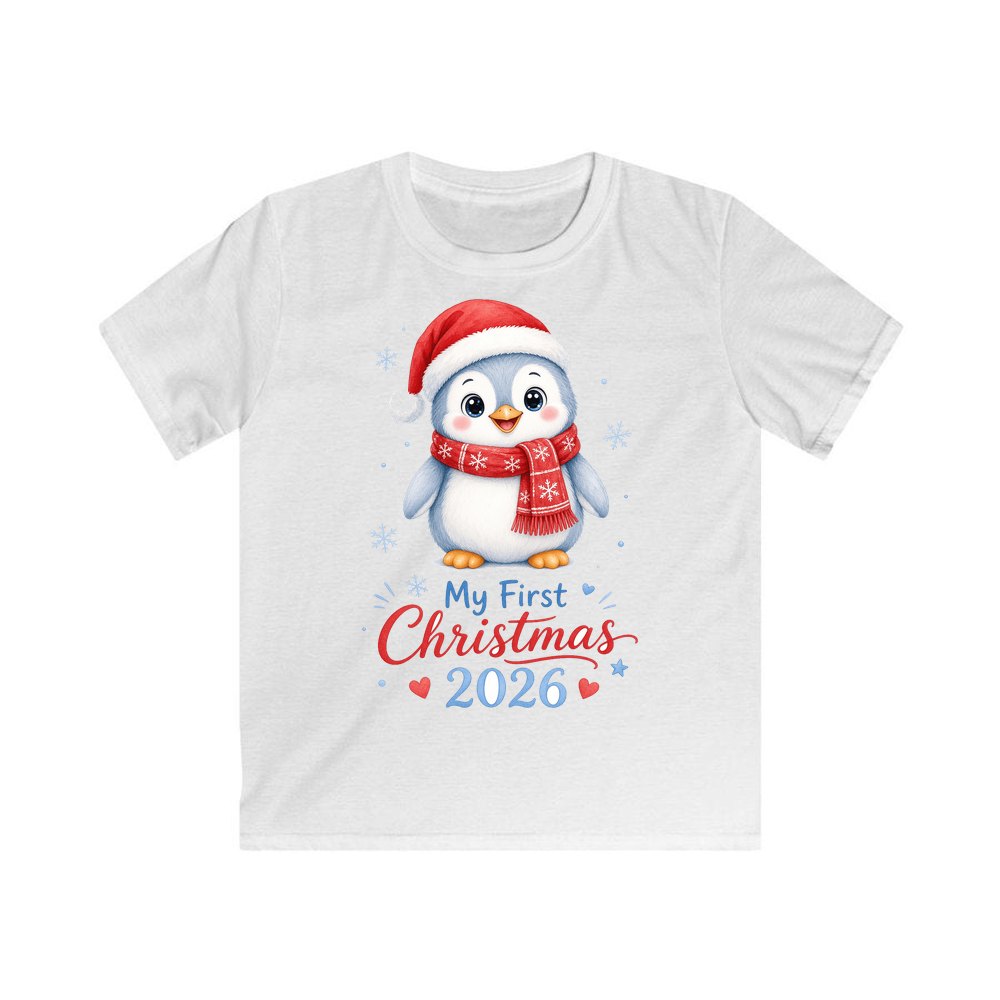 Penguin First Christmas 2026 personalised kids Christmas tee in white