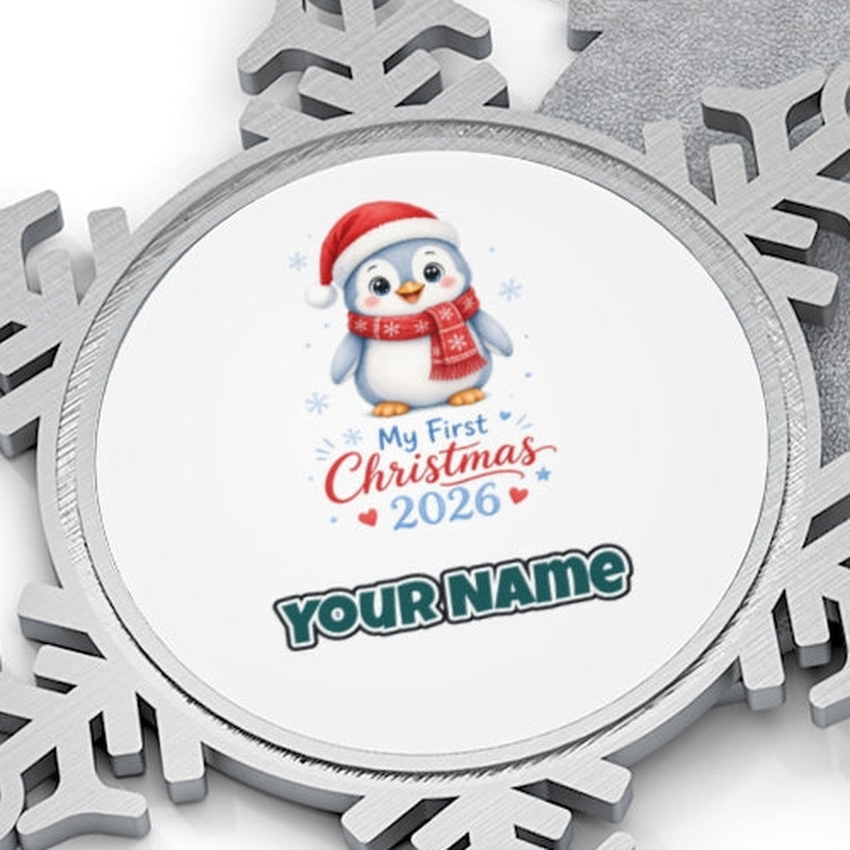 Penguin First Christmas 2026 Personalised Pewter Christmas Ornament